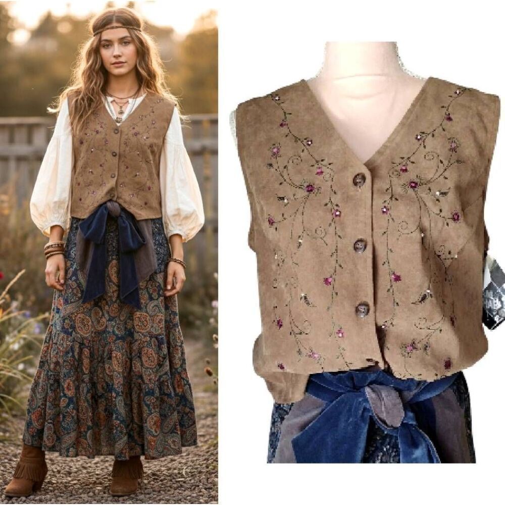VTG Brown Faux Suede Floral Embroidered Button Front Vest Med NWT